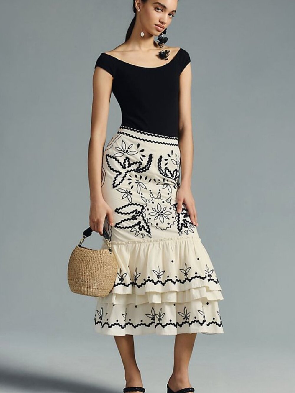 Anthropologie NWT Tiered Ivory & Black Mermaid Sevilla Skirt -